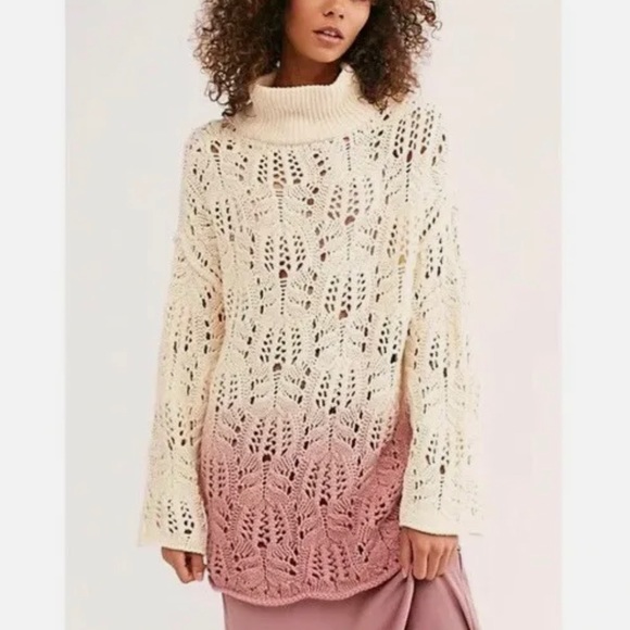 Free People chunky turtle neck ombre dip dye crochet sweater - M - Picture 1 of 8